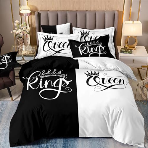 Freyamy Partner Bettwäsche 135x200cm 2teilig Schwarz Weiß King&Queen 3D Bettwäsche für Paare 100% Mikrofaser Pärchen Bettwaren-Sets Liebhaber Bettbezug mit Reißverschluss und 1 Kissenbezug 80x80cm von Freyamy