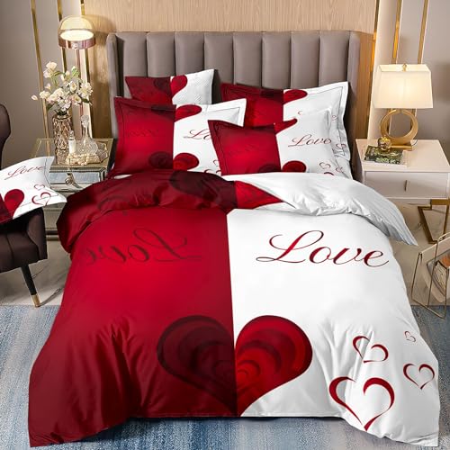 Freyamy Partner Bettwäsche 135x200cm 4teilig Rot Weiß 3D Herz Bettwäsche für Paare 100% Mikrofaser Pärchen Bettwaren-Sets Liebe Liebhaber Bettbezug mit Reißverschluss und 2 Kissenbezug 80x80cm von Freyamy