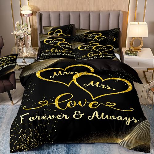 Freyamy Partner Bettwäsche 135x200cm 4teilig Schwarz Gold 3D Herz Bettwäsche für Paare 100% Mikrofaser Pärchen Bettwaren-Sets Liebe Bettbezug mit Reißverschluss und 2 Kissenbezug 80x80cm von Freyamy