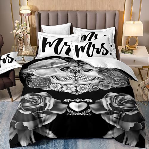 Freyamy Partner Bettwäsche 135x200cm 4teilig Schwarz Weiß Chic 3D Bettwäsche für Paare 100% Mikrofaser Pärchen Bettwaren-Sets Liebhaber Bettbezug mit Reißverschluss und 2 Kissenbezug 80x80cm von Freyamy