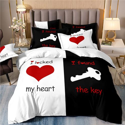 Freyamy Partner Bettwäsche 135x200cm 4teilig Schwarz Weiß Rot 3D Herz Bettwäsche für Paare 100% Mikrofaser Pärchen Bettwaren-Sets Liebe Tasten Bettbezug mit Reißverschluss und 2 Kissenbezug 80x80cm von Freyamy