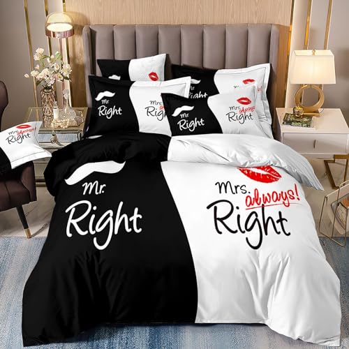 Freyamy Partner Bettwäsche 200x200cm 3teilig Schwarz Weiß Rot Mr.&Mrs. 3D Bettwäsche für Paare 100% Mikrofaser Pärchen Bettwaren-Sets Liebhaber Bettbezug mit Reißverschluss und 2 Kissenbezug 80x80cm von Freyamy