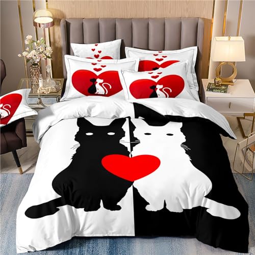 Freyamy Partner Bettwäsche 220x240cm 3teilig Schwarz Weiß Rot 3D Herz Bettwäsche für Paare 100% Mikrofaser Pärchen Bettwaren-Sets Liebe Katzen Bettbezug mit Reißverschluss und 2 Kissenbezug 80x80cm von Freyamy