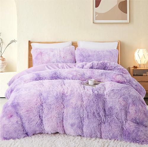 Freyamy Plüsch Bettwäsche 155x220cm Violett Langhaar Flauschig Warm Winterbettwäsche Flanell Samt Biber Wendebettwäsche Winter Deckenbezug Bettbezug mit Reißverschluss und 1 Kissenbezug 80x80cm von Freyamy