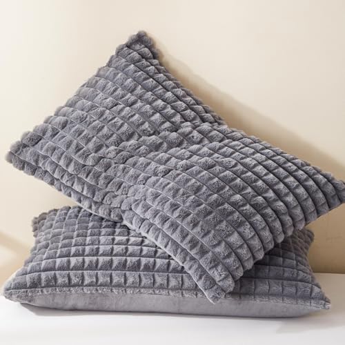 Freyamy Plüsch Kissenbezug 40x80cm 2er Set Grau Flauschig Kunstfell Kopfkissenbezug Flanell Fleece Samt Biber Kissenhülle Warme Cashmere Touch Zierkissenbezug von Freyamy