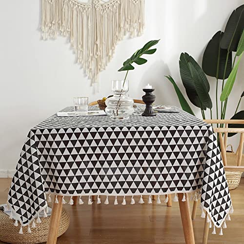 Freyamy Quaste Tischdecke 140x140cm Quadrat Baumwolle und Leinen Tischtuch Schwarz Dreiecksmuster Home Dekoration Abwaschbar Küchentischabdeckung für Couchtisch Speisetisch von Freyamy