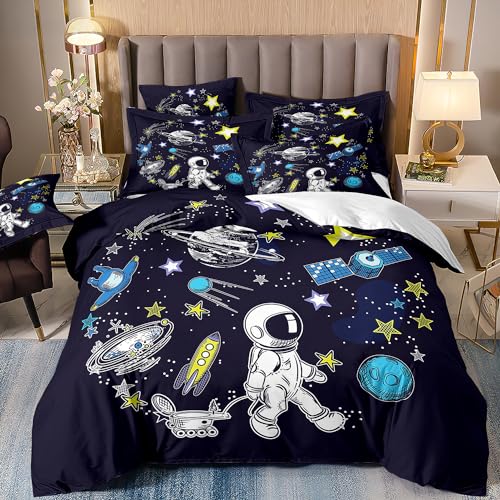 Freyamy Rakete Bettwäsche 135x200cm 2teilig Schwarz Bunt Weltall Astronauten Kinderbettwäsche Weltraum Rocket Jungen Kinder Bettwäsche Microfaser Bettbezug mit Reißverschluss und Kissenbezug 80x80cm von Freyamy