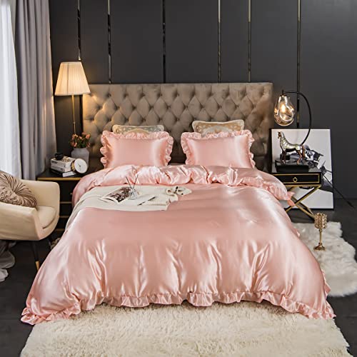 Freyamy Satin Bettwäsche 135x200 4tlg Glatt Luxus Seide Glanzsatin Bettwäsche Set Rosa Einfarbig Rüschen Romantisch Sommer Mädchenbettwäsche 2 Bettbezüge und 2 Kissenbezug 80x80 mit Reißverschlüsse von Freyamy