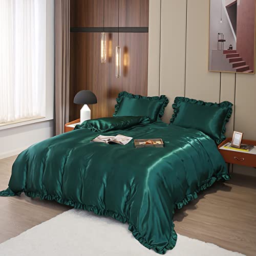 Freyamy Satin Bettwäsche 135x200 4tlg Luxus Glatt Seide Glanzsatin Bettwäsche Set Grün Einfarbig Rüschen Kühl Glatt Sommer Bettwäsche Sets 2 Bettbezüge und 2 Kissenbezug 80x80 mit Reißverschlüsse von Freyamy