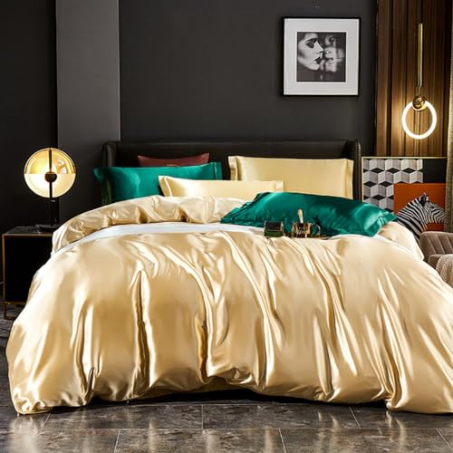 Freyamy Satin Bettwäsche 135x200cm 2teilig Gold Uni Seidig Glatt Luxus Bettwaren-Sets Unifarben Seide Glänzend Sommerbettwäsche Kühlender Bettbezug mit Reißverschluss und Kissenbezug 80x80cm von Freyamy