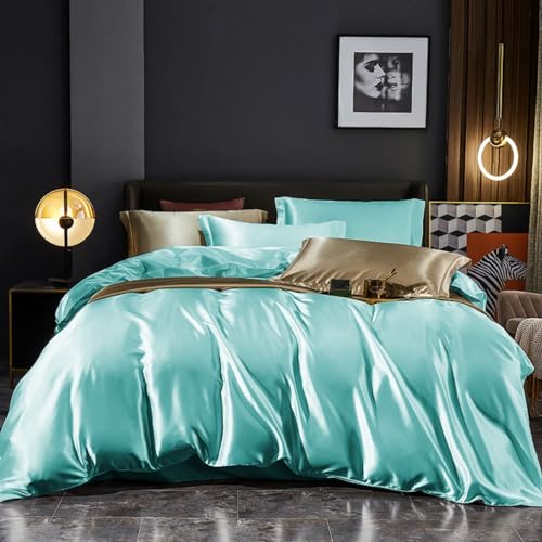 Freyamy Satin Bettwäsche 135x200cm 2teilig Hellblau Uni Seidig Glatt Luxus Bettwaren-Sets Unifarben Seide Glänzend Sommerbettwäsche Kühlender Bettbezug mit Reißverschluss und Kissenbezug 80x80cm von Freyamy