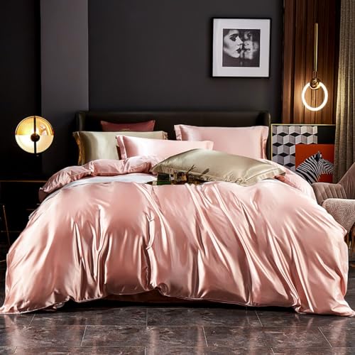 Freyamy Satin Bettwäsche 135x200cm 2teilig Rosa Uni Seidig Glatt Luxus Bettwaren-Sets Unifarben Seide Glänzend Sommerbettwäsche Kühlender Bettbezug mit Reißverschluss und Kissenbezug 80x80cm von Freyamy