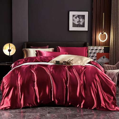 Freyamy Satin Bettwäsche 155x220cm 2teilig Weinrot Uni Seidig Glatt Luxus Bettwaren-Sets Unifarben Seide Glänzend Sommerbettwäsche Kühlender Bettbezug mit Reißverschluss und Kissenbezug 80x80cm von Freyamy