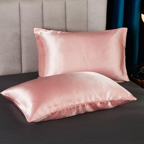 Freyamy Satin Kissenbezug 40x80cm 2er Set Rosa Uni Seidig Glatt Luxus Kopfkissenbezug Unifarben Seide Glänzend Kissenhülle Sommer Kühlender Kissenbezüge mit Reißverschluss von Freyamy