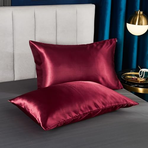 Freyamy Satin Kissenbezug 80x80cm 2er Set Weinrot Uni Seidig Glatt Luxus Kopfkissenbezug Unifarben Seide Glänzend Kissenhülle Sommer Kühlender Kissenbezüge mit Reißverschluss von Freyamy