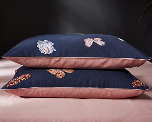 Freyamy Schmetterlingsmotiv Kissenbezug 40x80cm 2er Set Marineblau Rosa Bunt Schmetterling Vintage Kopfkissenbezug Gebürstet Microfaser Kissenhülle Weiche Kissenbezug mit Reißverschluss von Freyamy