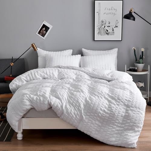 Freyamy Seersucker Bettbezug 220 x 240 cm + 2 Kissenbezüge 65 x 65 cm, Waffelmuster, strukturiert, weiß, Bettwäsche für Doppelbett, Erwachsene, Bettbezug aus 100 % Mikrofaser mit Reißverschluss von Freyamy