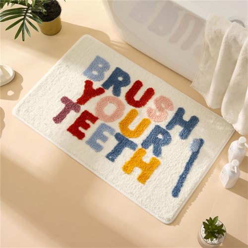 Freyamy TPR rutschfest Badteppich für Kinder,Weicher Plüsch Mikrofaser Badezimmermatte Super-saugstark Kurzer Plüschteppich,Brush Your Teeth Badematte,Waschbar für Küche Fußmatte(40x60CM) von Freyamy