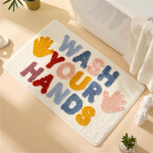 Freyamy TPR rutschfest Badteppich für Kinder,Weicher Plüsch Mikrofaser Badezimmermatte Super-saugstark Kurzer Plüschteppich,Wash Your Hands Badematte,Waschbar für Küche Fußmatte(40x60CM) von Freyamy