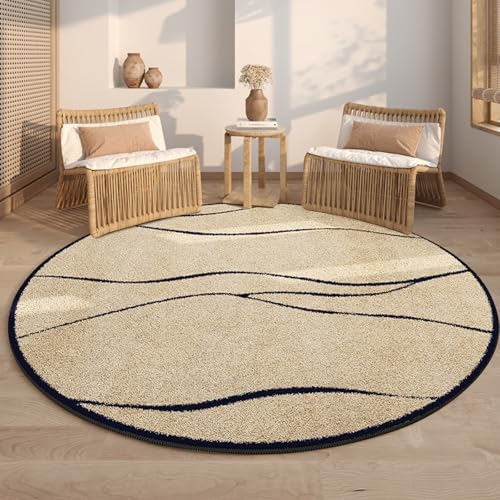 Freyamy Teppich Rund 120cm Khaki Schwarz Streifen Linie Teppiche Modern Designer für Wohnzimmer Outdoor Teppich Dekorative Schlafzimmer Kurzer Plüsch Terrassen Runder Haustierteppich von Freyamy