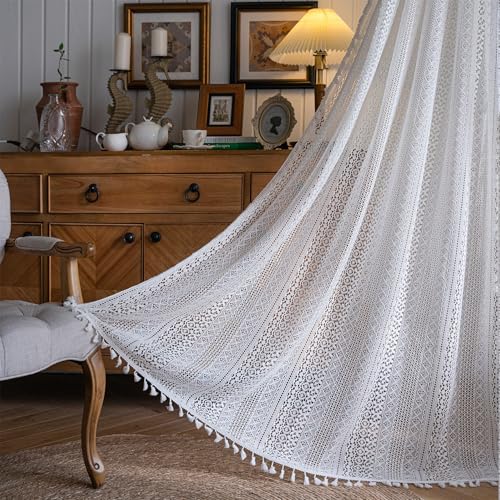Freyamy Transluzente Gardinen Landhausstil Bestickte Weiß Vorhänge mit Stangedurchzug,Outdoor Baumwolle Quasten Stangentaschenvorhang Blickdicht Verdunklungsvorhänge 2er-Set Vorhang 240x150cm (HxB) von Freyamy