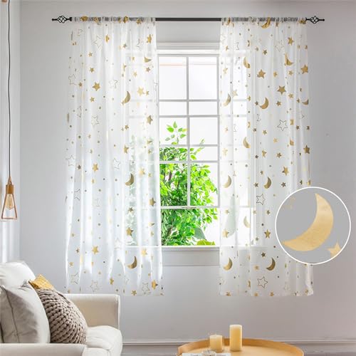 Freyamy Transparent Sterne Vorhang kinderzimmer vorhänge Mädchen Spitze Voile Spitzenvorhänge mit Stangendurchzug für Wohnzimmer halbtransparent Stangentaschenvorhang Gardinen 140x240cm,Gold,2er Set von Freyamy