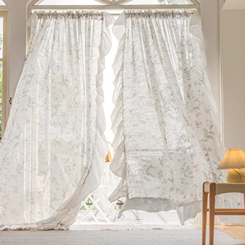 Freyamy Transparent Vorhänge 2er Set Voile Vorhang Beige Blumen Gardinen mit Rüsche Durchscheinend Landhaus Verdunkelungsgardine Wohnzimmer Schlafzimmer Fensterdekoration Vorhänge（B132xH213） von Freyamy