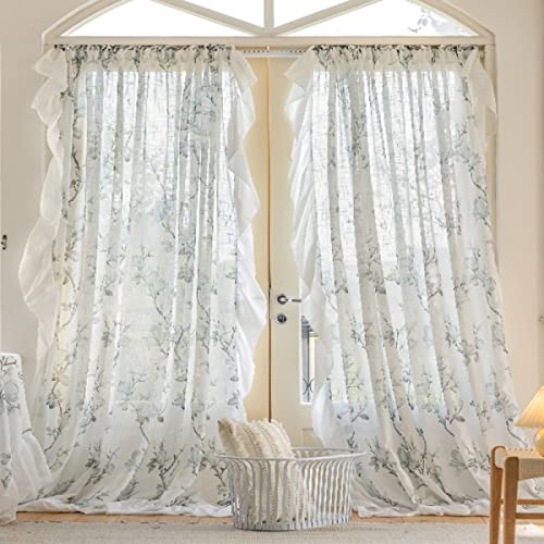 Freyamy Transparent Vorhänge 2er Set Voile Vorhang Blau Blumen Gardinen mit Rüsche Durchscheinend Landhaus Verdunkelungsgardine Wohnzimmer Schlafzimmer Fensterdekoration Vorhänge（B132xH213） von Freyamy