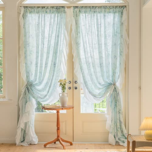 Freyamy Transparent Vorhänge 2er Set Voile Vorhang Grün Blumen Gardinen mit Rüsche Durchscheinend Landhaus Verdunkelungsgardine Wohnzimmer Schlafzimmer Fensterdekoration Vorhänge（B132xH241） von Freyamy