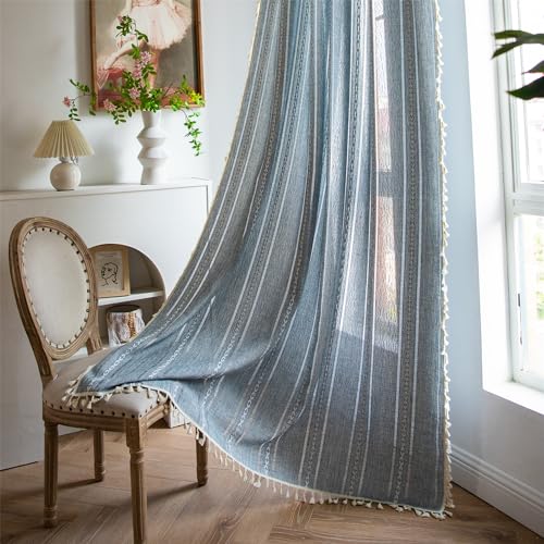 Freyamy Vintage Gardinen Halbtransparent Landhausstil Blau Vorhänge mit Stangendurchzug,Outdoor Gardinen Baumwolle Leinen mit Quasten für Schienensystem Schlafzimmer 2er-Set Vorhang 240x150cm (HxB) von Freyamy