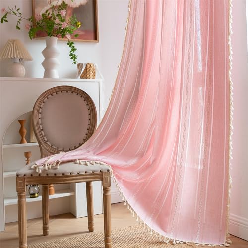 Freyamy Vintage Gardinen Halbtransparent Landhausstil Rosa Vorhänge mit Stangendurchzug,Outdoor Gardinen Baumwolle Leinen mit Quasten für Schienensystem Schlafzimmer 2er-Set Vorhang 160x150cm (HxB) von Freyamy