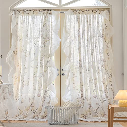 Freyamy Voile Vorhänge 2er Set Transparent Vorhang Beige Blumen Gardinen mit Rüsche Durchscheinend Landhaus Verdunkelungsgardine Wohnzimmer Schlafzimmer Fensterdekoration Vorhänge（B100xH130） von Freyamy