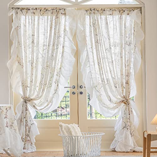 Freyamy Voile Vorhänge 2er Set Transparent Vorhang Beige Blumen Gardinen mit Rüsche Durchscheinend Landhaus Verdunkelungsgardine Wohnzimmer Schlafzimmer Fensterdekoration Vorhänge（B132xH160） von Freyamy