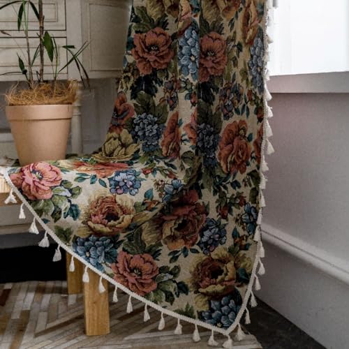 Freyamy Vorhänge 2er Set Bunt Jacquard Vintage Vorhang mit Quasten Durchscheinend Chic Gardinen Polyester Fransen Schiebevorhänge Blickdich Fensterdekoration Verdunkelungsgardine (B150xH260) von Freyamy