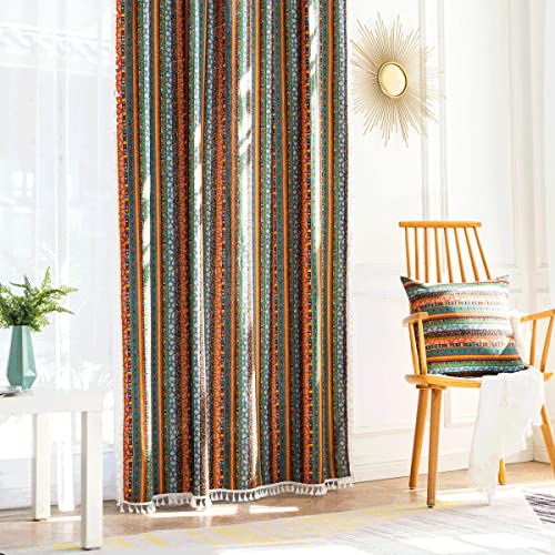 Freyamy Vorhänge Durchscheinend Blau Bunt Böhmen Vorhang Baumwolle Leinen Quasten Gardinen Schiebevorhänge Blickdicht Boho Wohnzimmer Schlafzimmer Fensterdekoration 1 Stück (B150×H220cm) von Freyamy