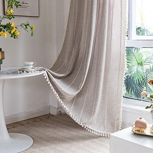 Freyamy Vorhänge Durchscheinend Bohemian Bestickte Dunkelbeige Streifen Quasten Vorhang Baumwolle Leinen Gardinen Boho Vintage Schiebevorhänge Blickdich Fensterdekoration 2er Set (B140xH240) von Freyamy