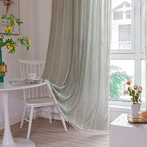 Freyamy Vorhänge Durchscheinend Bohemian Bestickte Grün Streifen Quasten Vorhang Baumwolle Leinen Gardinen Boho Vintage Schiebevorhänge Blickdich Fensterdekoration 2er Set (B140xH160) von Freyamy