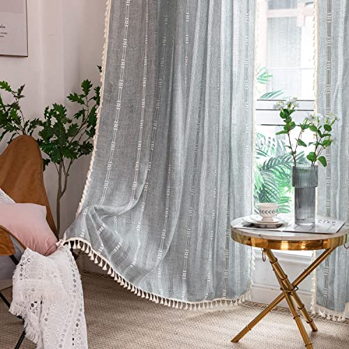 Freyamy Vorhänge Durchscheinend Bohemian Durchbrochene Bestickte Grau Quasten Vorhang Baumwolle Leinen Gardinen Boho Vintage Schiebevorhänge Blickdich Fensterdekoration 1 Stück (B140xH160) von Freyamy