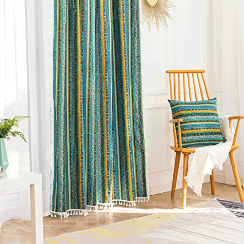 Freyamy Vorhänge Durchscheinend Grün Bunt Böhmen Vorhang Baumwolle Leinen Quasten Gardinen Schiebevorhänge Blickdicht Boho Wohnzimmer Schlafzimmer Fensterdekoration 2er Set (B150×H260cm) von Freyamy