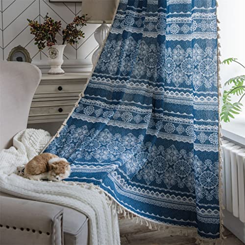 Freyamy Vorhänge Durchscheinend Weiß Blau Mandala Bohemian Vorhang Baumwolle Leinen Quasten Gardinen Schiebevorhänge Blickdich Wohnzimmer Schlafzimmer Fensterdekoration 1 Stück (H150xB160) von Freyamy