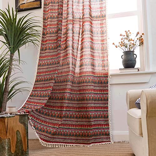 Freyamy Vorhänge Durchscheinend Weiß Bunt Böhmen Vorhang Baumwolle Leinen Quasten Gardinen Schiebevorhänge Blickdicht Boho Wohnzimmer Schlafzimmer Fensterdekoration 2er Set (B150×H160cm) von Freyamy