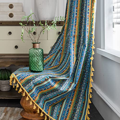 Freyamy Vorhang 160x150cm Boho Bunt Blau Baumwolle Leinen Landhausstil Vintage Vertikale Streifen Blickdicht Gardinen mit Beige Quasten 2er Set Geometrisch Makramee Verdunklungsvorhänge Bauernhaus von Freyamy