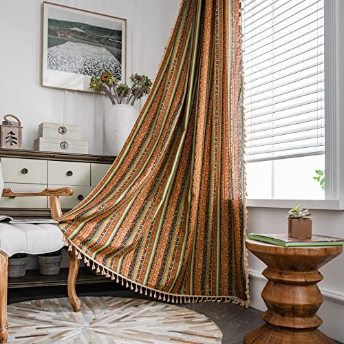 Freyamy Vorhang 160x150cm Boho Bunt Gelb Baumwolle Leinen Landhausstil Vintage Vertikale Streifen Blickdicht Gardinen mit Beige Quasten 2er Set Geometrisch Makramee Verdunklungsvorhänge Bauernhaus von Freyamy