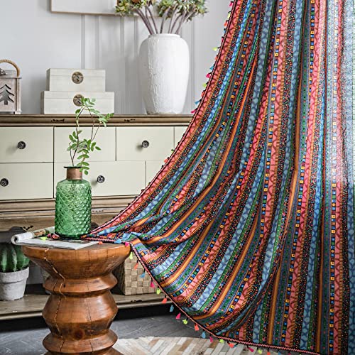 Freyamy Vorhang 160x150cm Boho Bunt Grün Baumwolle Leinen Landhausstil Vintage Vertikale Streifen Blickdicht Gardinen mit Beige Quasten 2er Set Geometrisch Makramee Verdunklungsvorhänge Bauernhaus von Freyamy