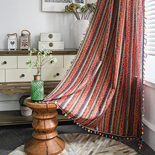 Freyamy Vorhang 160x150cm Boho Rot Bunt Baumwolle Leinen Landhausstil Vintage Vertikale Streifen Blickdicht Gardinen mit Beige Quasten 2er Set Geometrisch Makramee Verdunklungsvorhänge Bauernhaus von Freyamy