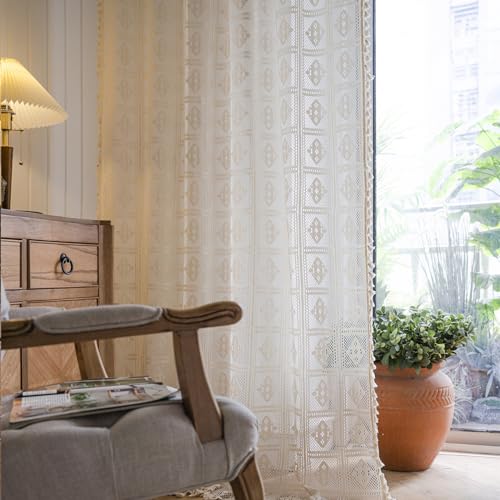 Freyamy Vorhang 2er Set Transluzente Beige,Bestickte Vorhänge mit Stangendurchzug,Stickerei Spitze Gardinen Vintage,Tür Transparent Stangentaschen-Vorhang 160x150cm für Wohnzimmer Schlafzimmer von Freyamy