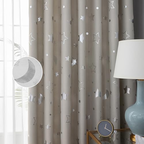 Freyamy Vorhang Blickdicht Beige Mond Sternenvorhänge 2 Stück,137x117cm (HxB) Niedliche Vorhänge mit Ösen Lichtundurchlässig thermovorhang kälteschutz Gardinen Lärmschutz für Kindervorhänge von Freyamy