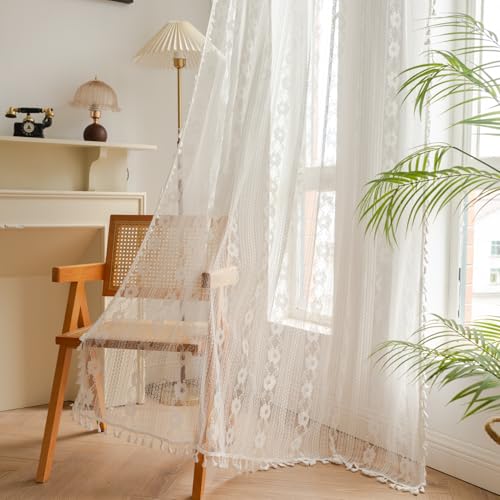 Freyamy Weiß Gardinen Boho Stangentaschenvorhang,Transparent Bauernhaus Voile Vorhänge Landhausstil Dekoschals Halbtransparent Outdoor Vorhänge Wohnzimmer Vintage Stores Vorhang 2x140x150 cm (HxB) von Freyamy