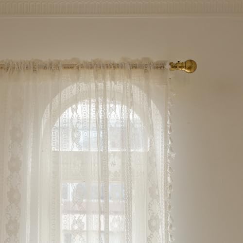 Freyamy Weiß Gardinen Boho Stangentaschenvorhang,Transparent Bauernhaus Voile Vorhänge Landhausstil Dekoschals Halbtransparent Outdoor Vorhänge Wohnzimmer Vintage Stores Vorhang 2x220x150 cm (HxB) von Freyamy