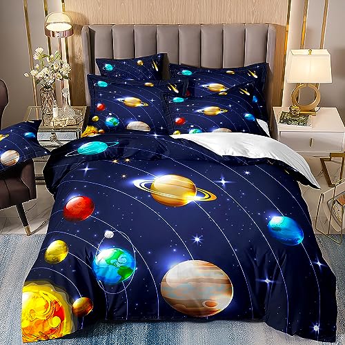 Freyamy Weltall Bettwäsche 135x200cm 2teilig Blau Bunt Erde Jupiter Mond Satellit Kinderbettwäsche Weltraum Jungen Kinder Bettwäsche Microfaser Bettbezug mit Reißverschluss und Kissenbezug 80x80cm von Freyamy